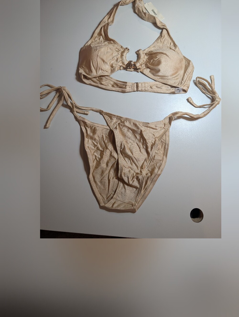 Seamolly Women’s Shimmery Beige Champagne Halter Bikini Set Small NWT